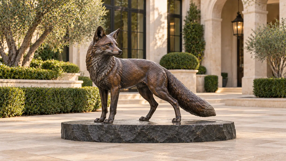 Illustrative bronze fox statue on a stone base in a landscaped public garden