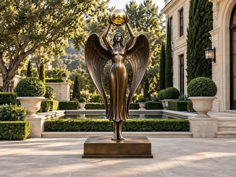 Bronze winged goddess statue holding a golden sphere in a luxury European-style estate garden