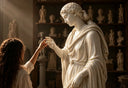 Hand-carved marble sculpture displayed in a refined European gallery, representing the journey from natural stone to finished artwork
