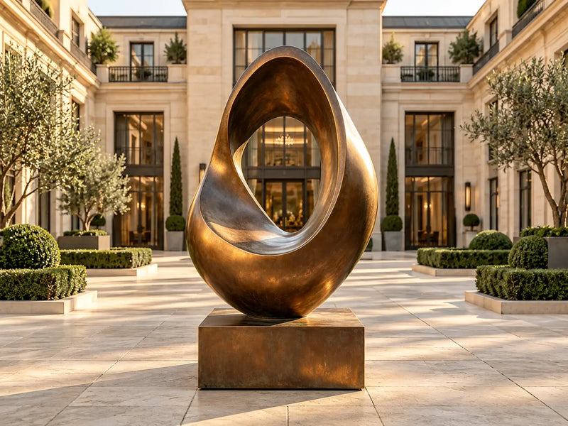 Finished abstract bronze sculpture displayed in a luxury courtyard, representing the bronze sculpture casting process for buyers and designers