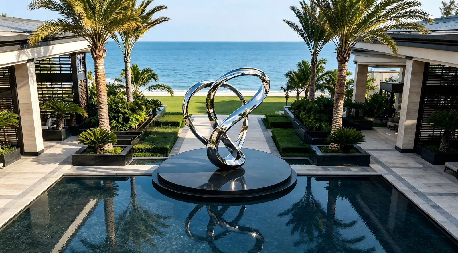 Contemporary stainless steel sculpture enhancing architectural identity in a luxury oceanfront resort environment