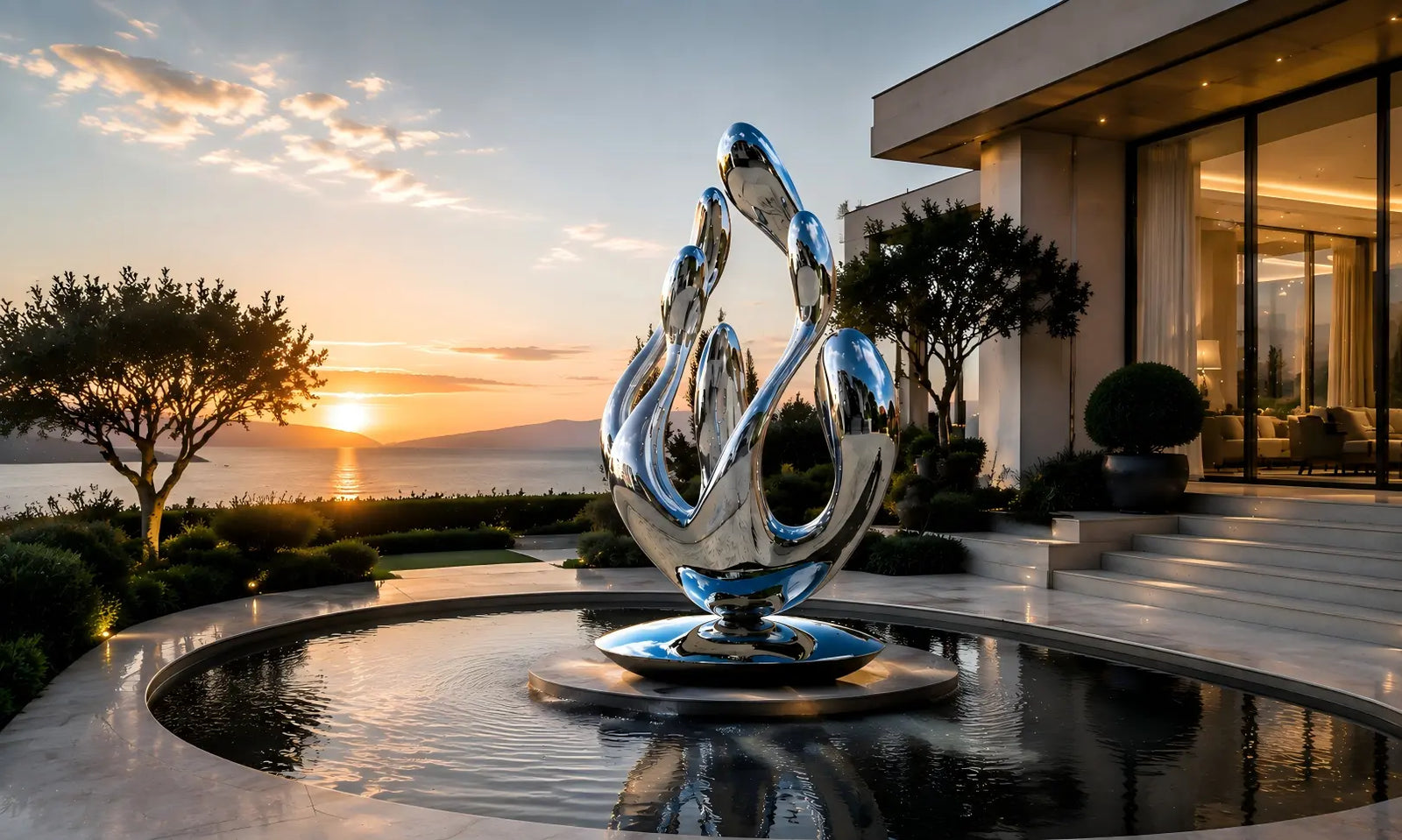Luxury architectural space featuring a contemporary stainless steel sculpture as a visual centerpiece for modern outdoor design
