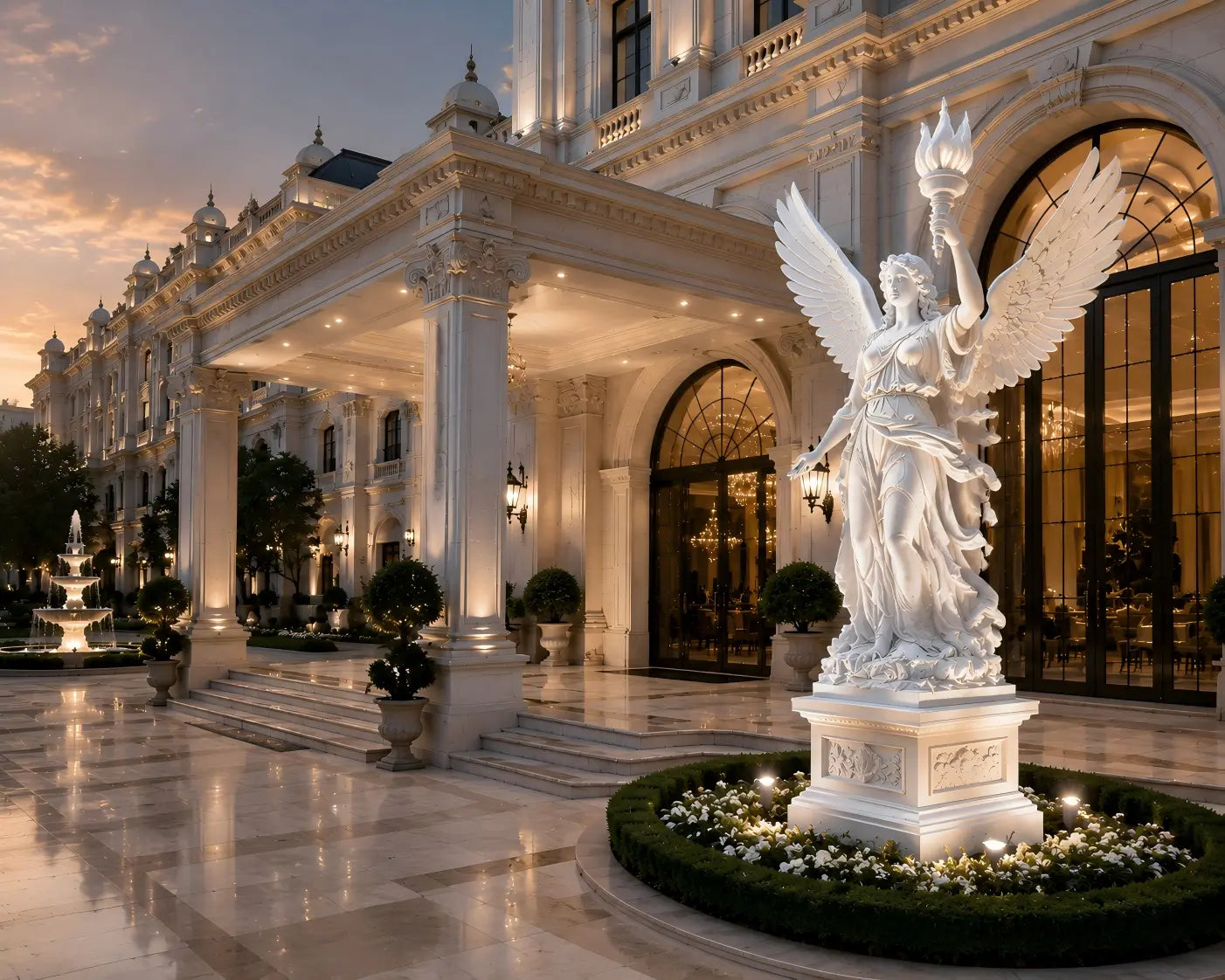 Luxury hotel entrance sculpture creating a memorable hospitality design experience with classical architectural artwork and elegant outdoor space