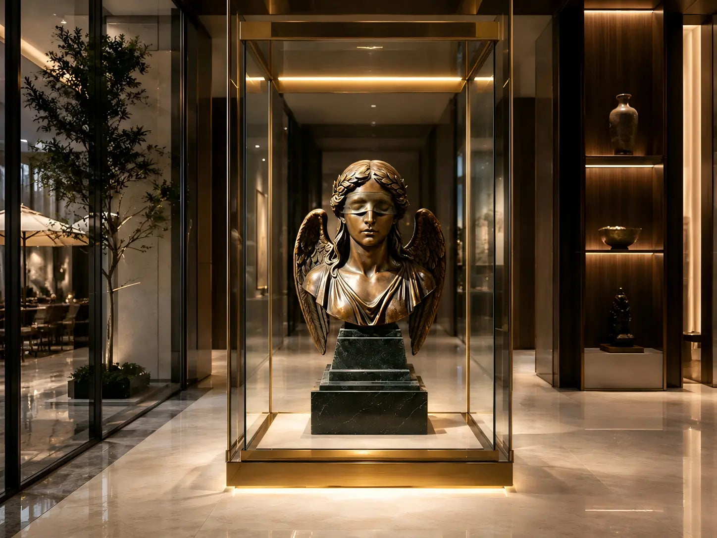 Luxury interior bronze sculpture displayed in a glass case with elegant lighting, showcasing timeless craftsmanship and bronze preservation in a premium architectural space