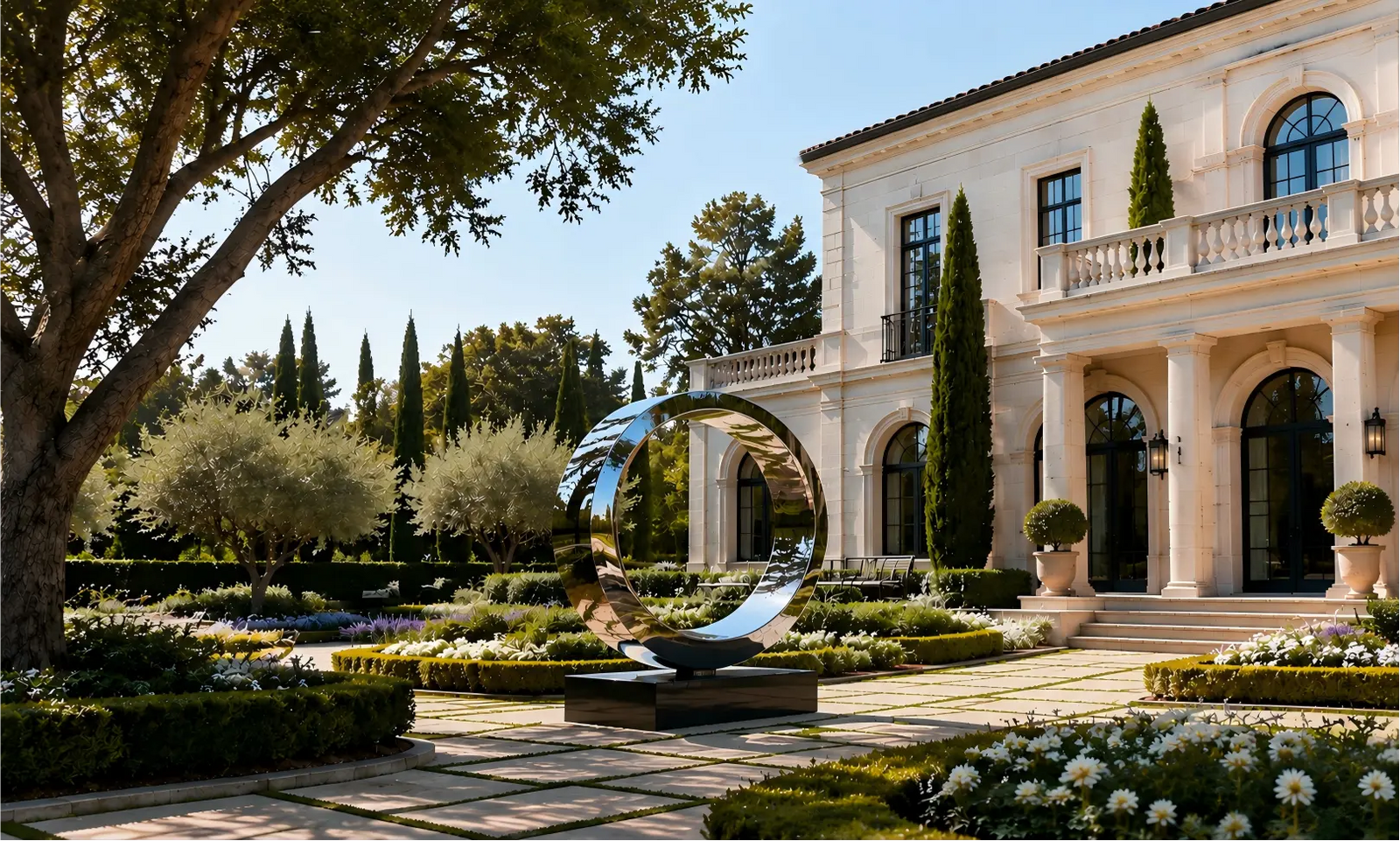 Luxury villa garden featuring a modern outdoor sculpture integrated with elegant landscape design and Mediterranean architecture