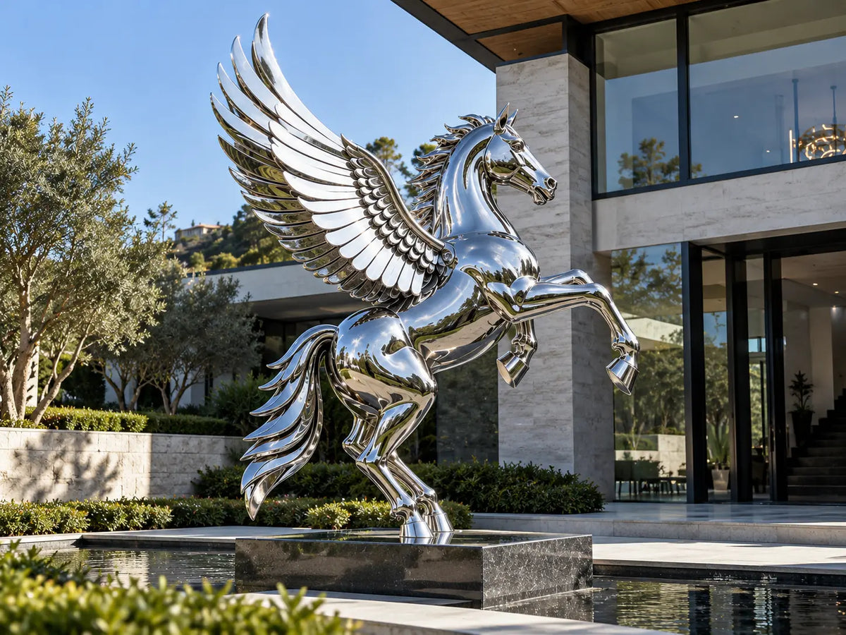 Mirror-polished stainless steel Pegasus sculpture with reflective wings displayed outside a modern luxury villa beside a reflecting pool.