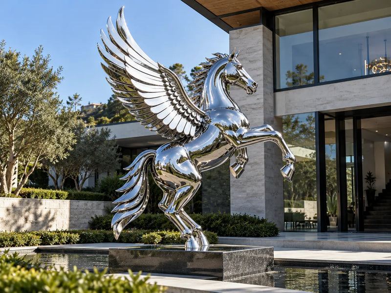 Mirror-polished stainless steel Pegasus sculpture with reflective wings displayed outside a modern luxury villa beside a reflecting pool.