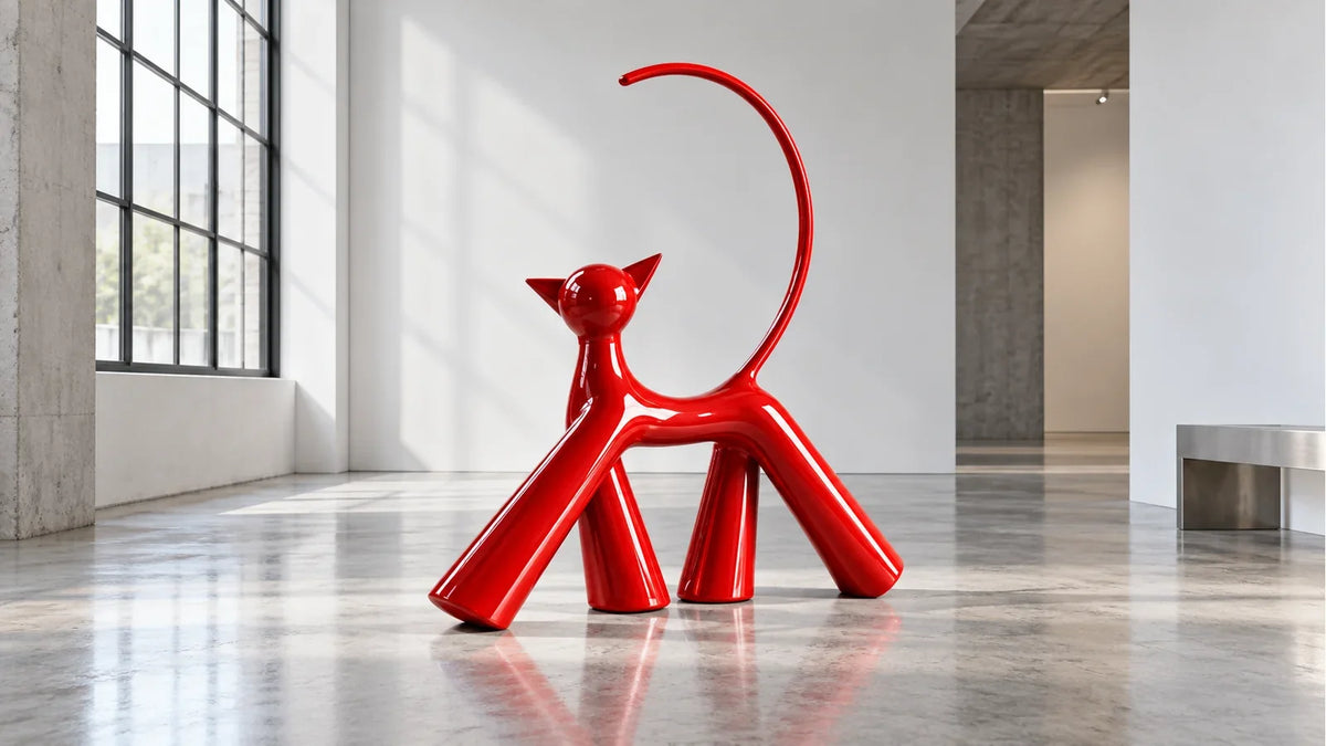 AI visualization of a glossy red abstract cat sculpture with four tapered legs and a curling tail in a cool gray design showroom