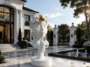Luxury sculpture trends 2026 featuring a contemporary fiberglass sculpture in an elegant villa courtyard with premium architectural design
