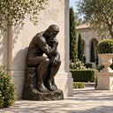 Bronze Thinker statue placed in an outdoor courtyard with greenery and stone walls, suitable for garden, patio, and luxury outdoor landscape decoration.

