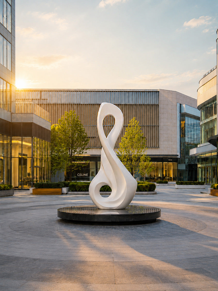 Front view of an abstract fiberglass sculpture displayed in corporate entrance