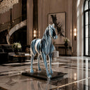 Abstract stainless steel horse sculpture with glossy blue and white finish for luxury interior spaces