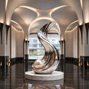 An abstract contemporary stainless steel artwork with a sweeping fluid profile, positioned on a reflective floor inside a modern luxury hall with arched architecture.