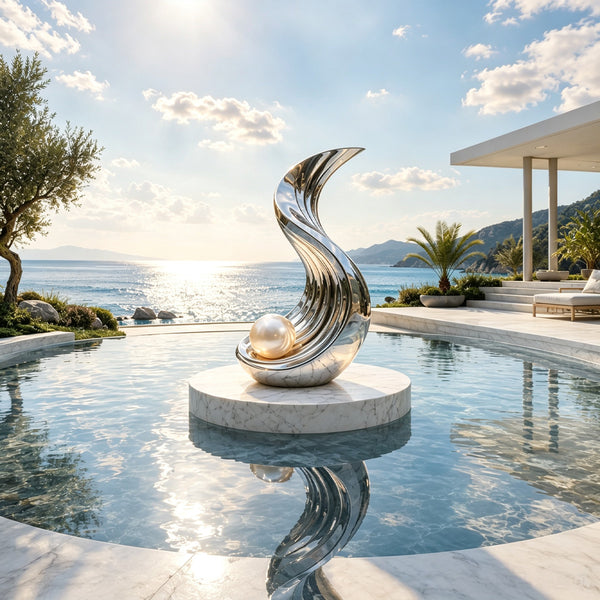 Abstract stainless steel sculpture SS-017 with polished mirror finish and modern flowing design