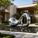 Abstract stainless steel wave sculpture with fluid form design and mirror polished surface for contemporary architectural spaces