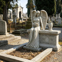 Marble angel memorial headstone with hand carved angel design installed in a cemetery for remembrance