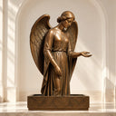 Classical bronze angel statue with a bowed head, flowing robe and outstretched hand displayed against a cream architectural alcove.