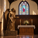 Religious bronze angel statue displayed beside a wooden altar beneath a stained-glass window in a traditional chapel.