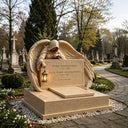 Beige granite memorial headstone MM-007 with angel wing carving design for cemetery monument