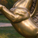 Exposing the tension in the sculpted anatomy, this close-up view traverses the tendons of the hind leg where it meets the wing root of the bronze figure.