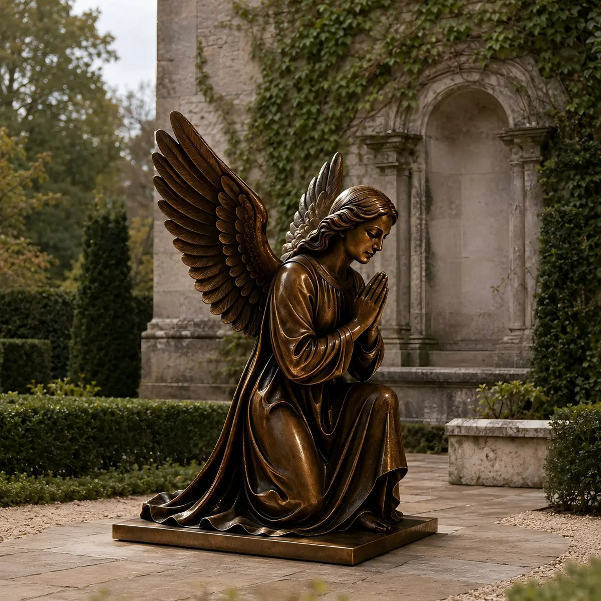 Bronze praying angel sculpture BB-006 with classical religious art design and antique bronze finish