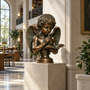 Bronze angel with book sculpture BB-021 displayed in an elegant library interior with detailed feathered wings