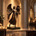 Bronze angel with cross statue BB-022 displayed inside a softly illuminated Christian church