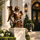 Bronze angel with sword statue BB-024 displayed on a stone pedestal in a landscaped memorial garden