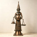 Bronze balance keeper statue BB-017 featuring suspended scales, a central globe and a decorative conical headdress