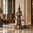 Symbolic bronze balance keeper statue BB-017 with a globe and suspended scales displayed in a formal university library hall