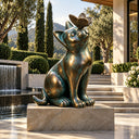 Bronze cat and butterfly sculpture BB-018 displayed beside a contemporary water feature in a luxury villa garden