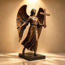 Bronze Christian angel statue BB-022 holding a cross with detailed feathered wings and flowing robes
