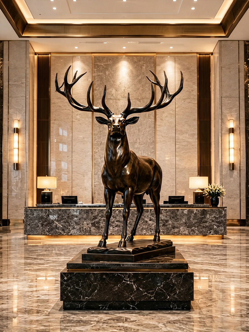 View of bronze deer sculpture installed in the luxury hotel lobby