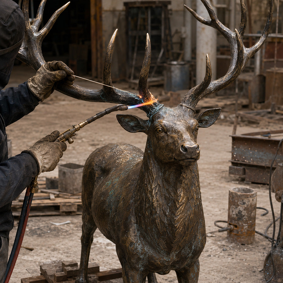 Welding process of a bronze deer for the luxury hotel lobby