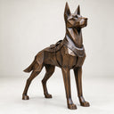 Close-up detail of a geometric bronze dog statue head, showing the sharp angular planes and metallic finish of the German Shepherd's facial structure.
