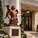 Bronze guardian angel memorial statue BB-024 with a ceremonial sword and commemorative plaque at an institutional entrance