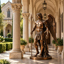 Bronze guardian angel with spear BB-023 displayed in an elegant classical courtyard with detailed feathered wings