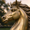 Emphasizing the fierce expression and sculpted mane, this macro view isolates the head of the bronze statue, capturing the artist's precise detailing.