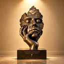 Angled view of a bronze king head sculpture showing detailed facial features