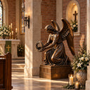 Bronze kneeling angel statue holding a wreath placed inside a church interior with brick walls, candles, and flowers, ideal for religious memorial and high-end sanctuary decoration.