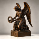 Bronze kneeling angel statue with a wreath on a dark background, showcasing detailed wing and robe texture for art decor product display and reference.
