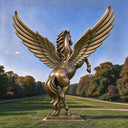 Foregrounding expansive plumed appendages, this bronze mythical steed surveys an open lawn, presenting a majestic pose of the legendary winged horse.