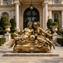 Bronze mythological couple statue BB-015 with flowing drapery and an ornamental base in a formal estate courtyard