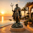 Bronze Neptune statue BB-016 holding a trident near a swimming pool at a luxury coastal residence during sunset