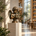 Bronze reading angel bust BB-021 with an open book displayed on a stone pedestal in a luxury library