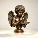 Bronze reading angel bust BB-021 holding an open book with a thoughtful expression and antique patina