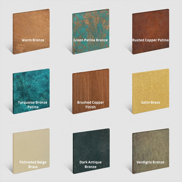 Bronze sculpture finish collection showcasing different patina colors and surface treatments