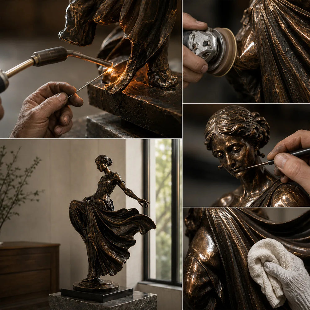 Custom bronze sculpture craftsmanship: bespoke design, artisan handcrafting, patina detailing, and luxury installation process