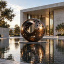 Hollow bronze sphere sculpture BB-013 displayed beside a modern villa swimming pool