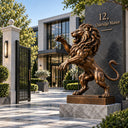 Bronze standing lion sculpture placed at the entrance of a luxury mansion, used as high-end outdoor decor to enhance the grandeur and prestige of the property.